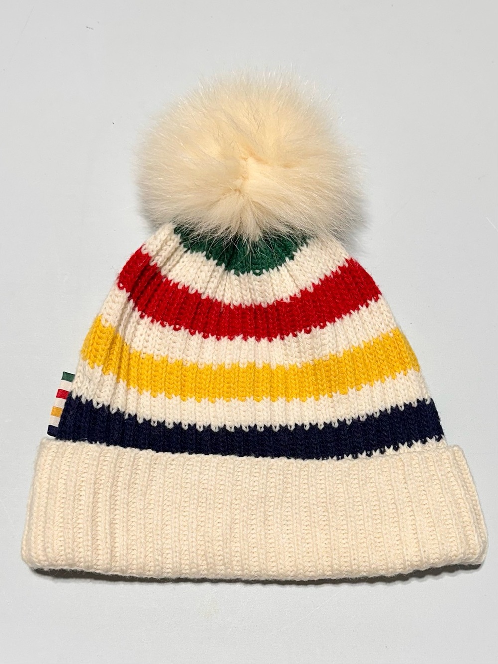Hudson’s Bay Point Blanket Stripe Genuine Fox Fur Pom Toque Hat